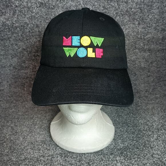 Meow Wolf Black Baseball Hat Cap Adjustable Strapback Multicolor Logo Spellout - Picture 1 of 6